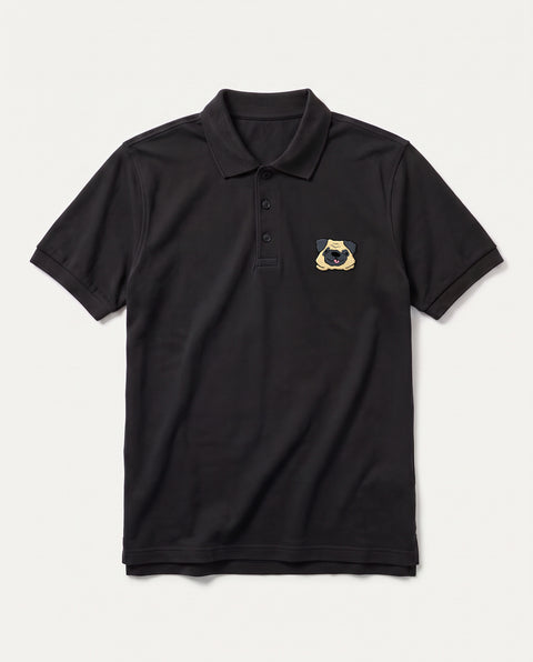 Black polo shirt with embroidered Pug face on the chest, front flat lay