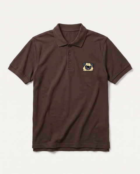 Coffee Brown polo shirt with embroidered Pug face on the chest, front flat lay