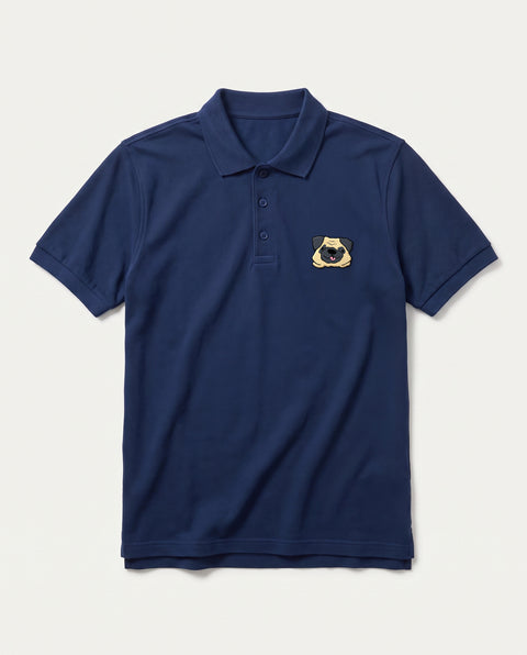 Navy Blue polo shirt with embroidered Pug face on the chest, front flat lay