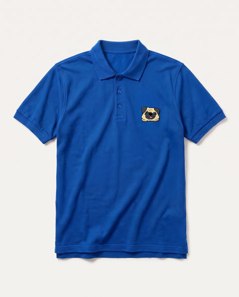 Royal Blue polo shirt with embroidered Pug face on the chest, front flat lay