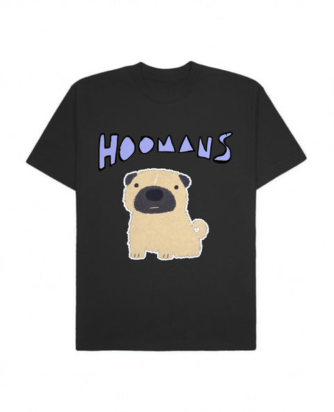 Black oversized tee with a big periwinkle Hoomans logo over a flat colour pug sitting, front flat lay