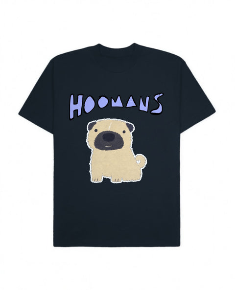 Navy Blue oversized tee with a big periwinkle Hoomans logo over a flat colour pug sitting, front flat lay