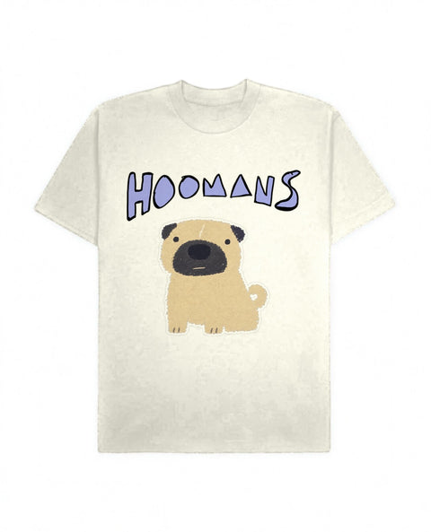 Off White oversized tee with a big periwinkle Hoomans logo over a flat colour pug sitting, front flat lay