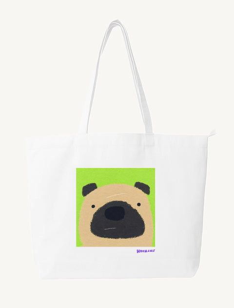 White large canvas tote bag with a flat colour Pug face on a lime green block and a violet Hoomans wordmark, front view
