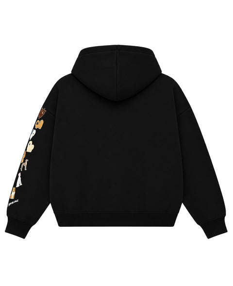 Back of the black boxy hoodie, plain, with the dogs on the left sleeve showing