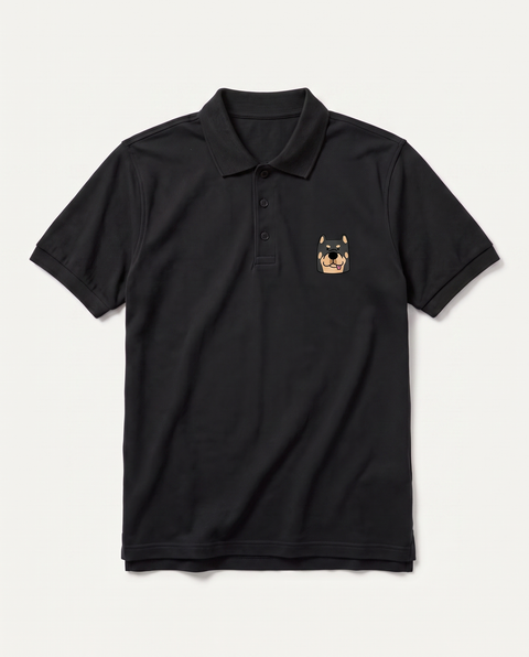 Black polo shirt with embroidered Rottweiler face on the chest, front flat lay