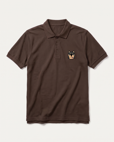 Coffee brown polo shirt with embroidered Rottweiler face on the chest, front flat lay