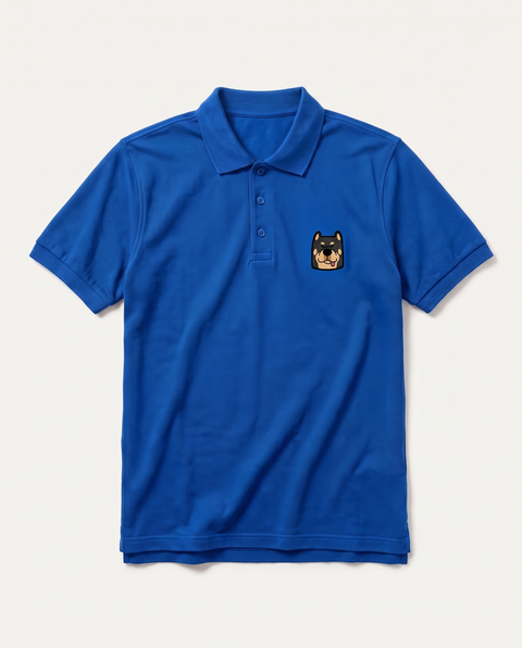 Royal blue polo shirt with embroidered Rottweiler face on the chest, front flat lay