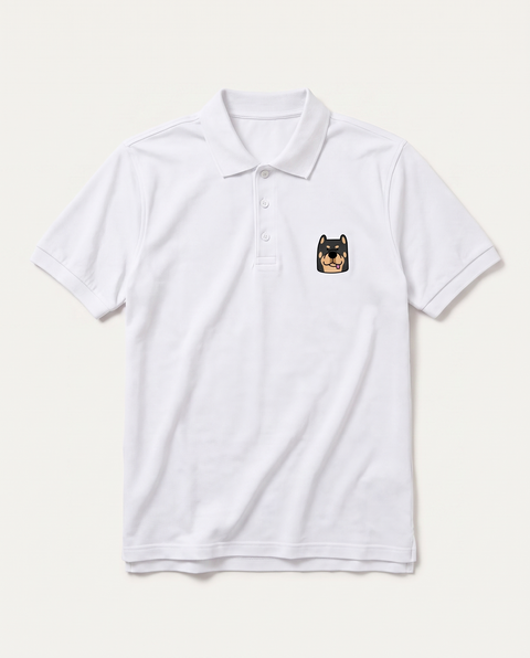White polo shirt with embroidered Rottweiler face on the chest, front flat lay