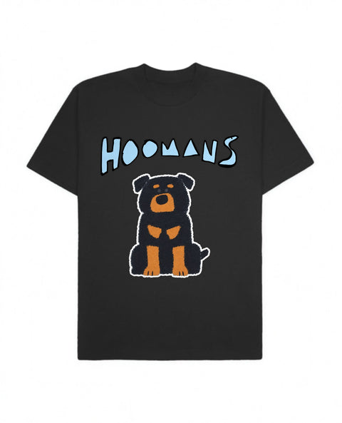 Black oversized tee with a big powder blue Hoomans logo over a flat colour rottweiler sitting, front flat lay