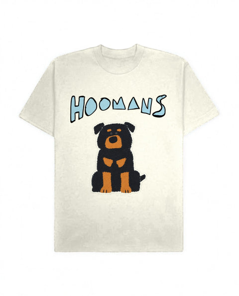 Off White oversized tee with a big powder blue Hoomans logo over a flat colour rottweiler sitting, front flat lay