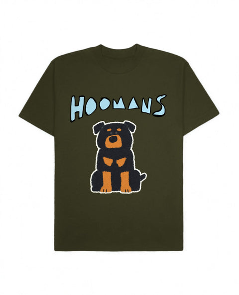 Olive Green oversized tee with a big powder blue Hoomans logo over a flat colour rottweiler sitting, front flat lay