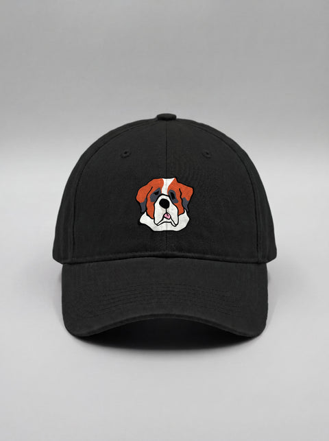 Black baseball cap with embroidered saint bernard face, front view