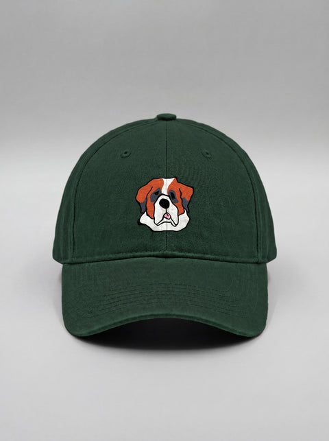 Bottle green baseball cap with embroidered saint bernard face, front view
