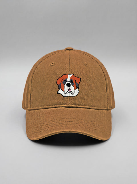 Khaki baseball cap with embroidered saint bernard face, front view
