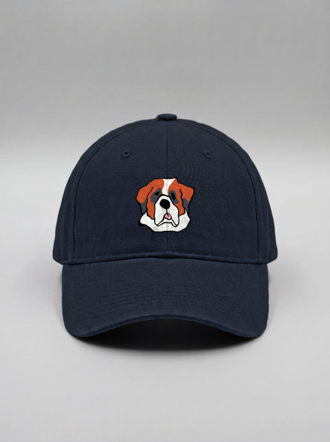Navy blue baseball cap with embroidered saint bernard face, front view