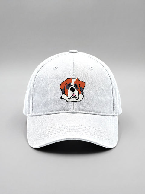 White baseball cap with embroidered saint bernard face, front view