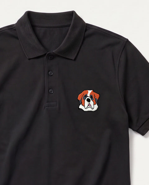 Black embroidered Saint Bernard polo, close-up of collar, button placket, and satin-stitch chest patch