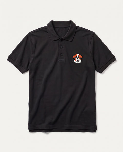 Black polo shirt with embroidered Saint Bernard face on the chest, front flat lay