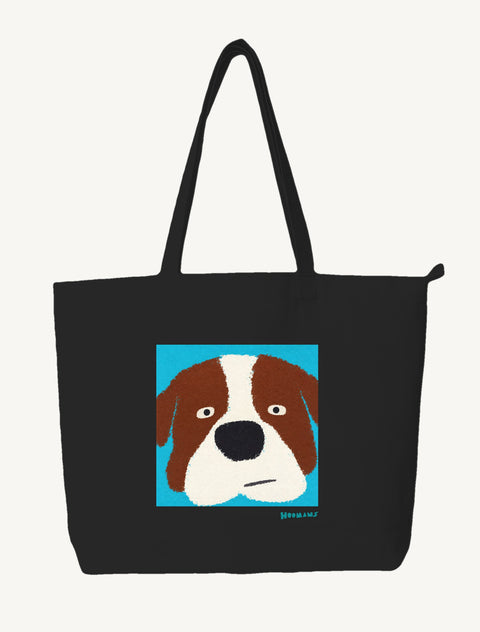 Black large canvas tote bag with a flat colour Saint Bernard face on a turquoise block and a teal Hoomans wordmark, front view
