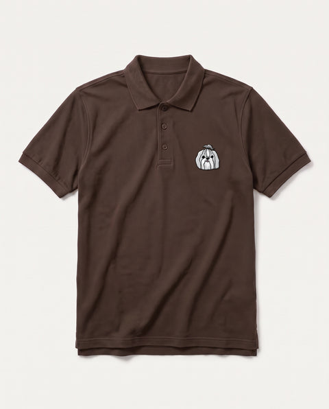 Coffee Brown polo shirt with embroidered Shih Tzu face on the chest, front flat lay