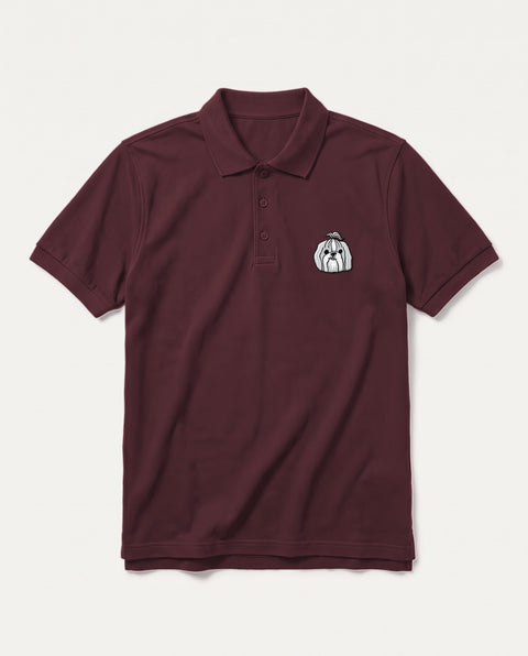 Maroon polo shirt with embroidered Shih Tzu face on the chest, front flat lay