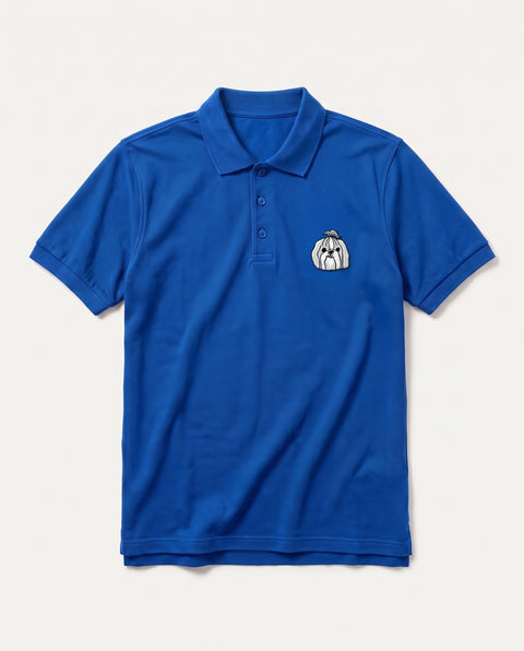 Royal Blue polo shirt with embroidered Shih Tzu face on the chest, front flat lay