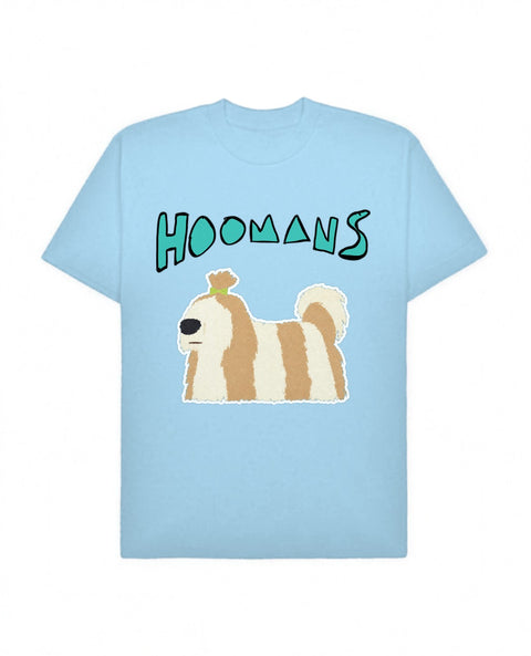 Baby Blue oversized tee with a big teal Hoomans logo over a flat colour long haired shih tzu walking, front flat lay