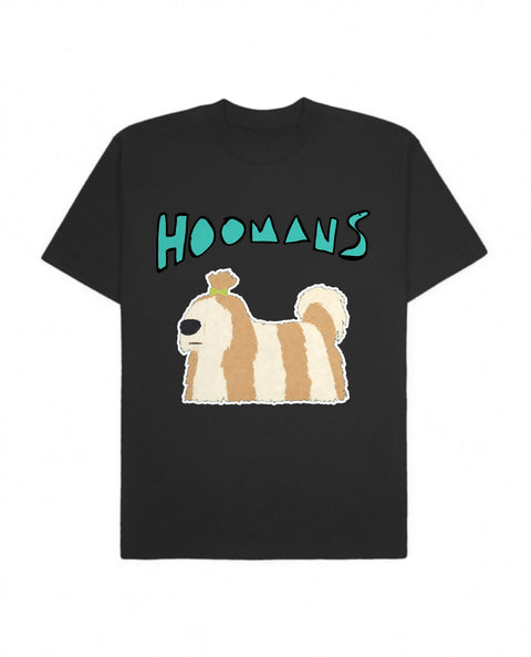 Black oversized tee with a big teal Hoomans logo over a flat colour long haired shih tzu walking, front flat lay