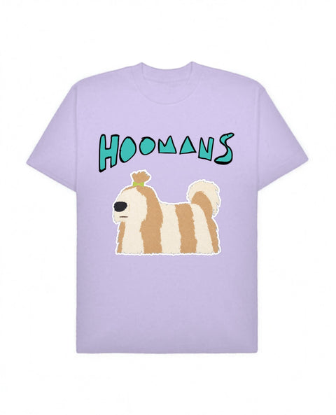 Lavender oversized tee with a big teal Hoomans logo over a flat colour long haired shih tzu walking, front flat lay