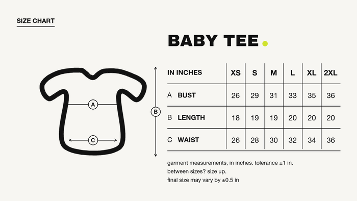 Sorry Can't Dogs Bye Red Baby Tee size chart, in inches