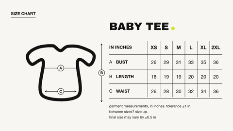 Hoomans baby tee size chart with measurement diagram