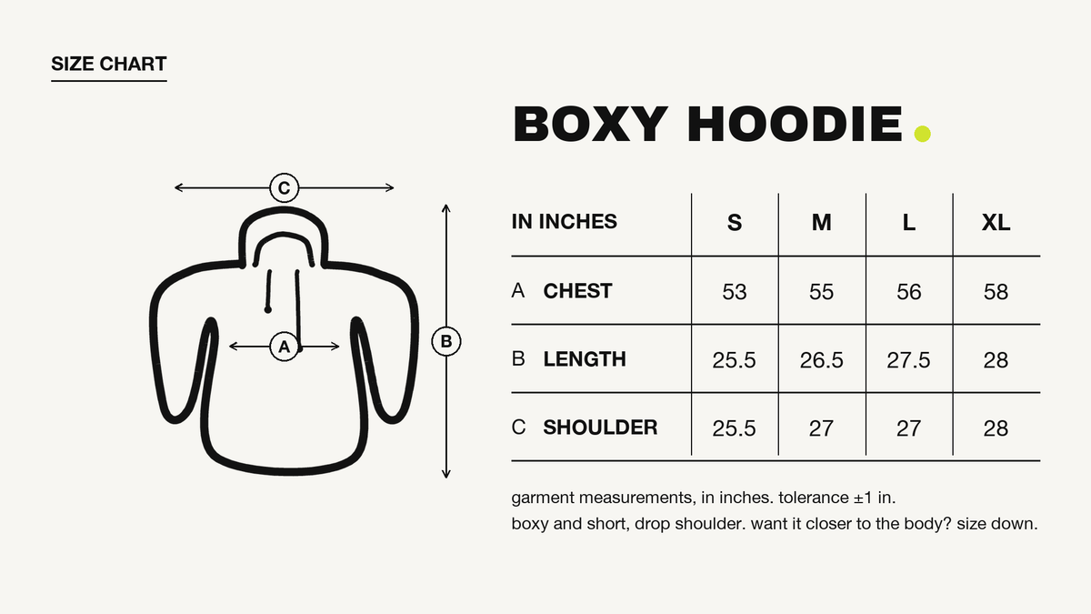 Besties Cream Boxy Hoodie size chart