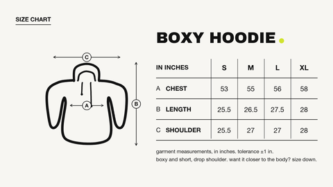 Hoomans size guide: boxy hoodie, chest, length and shoulder in inches for S to XL