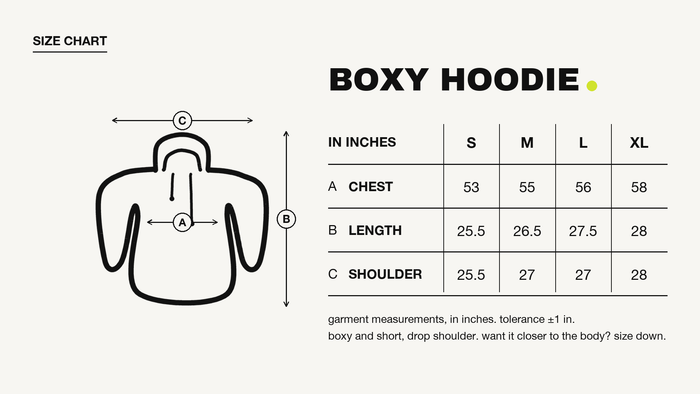 Besties Cream Boxy Hoodie size chart, in inches