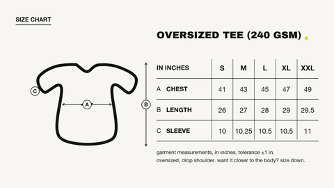 Hoomans oversized tee (240 GSM) size chart with chest, length and sleeve measurements