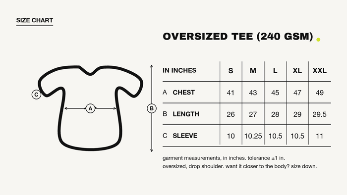 Varsity Cat Oversized Tee size chart, in inches