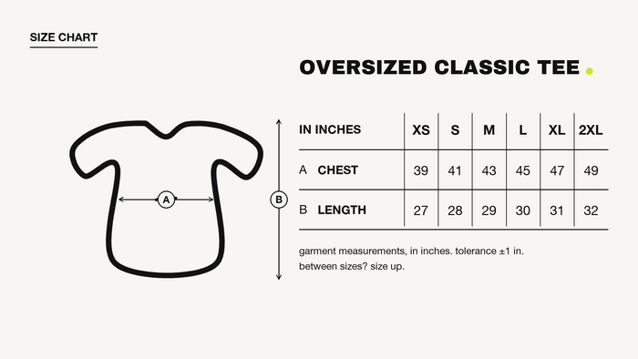 Crazy Cat Lady size chart, in inches
