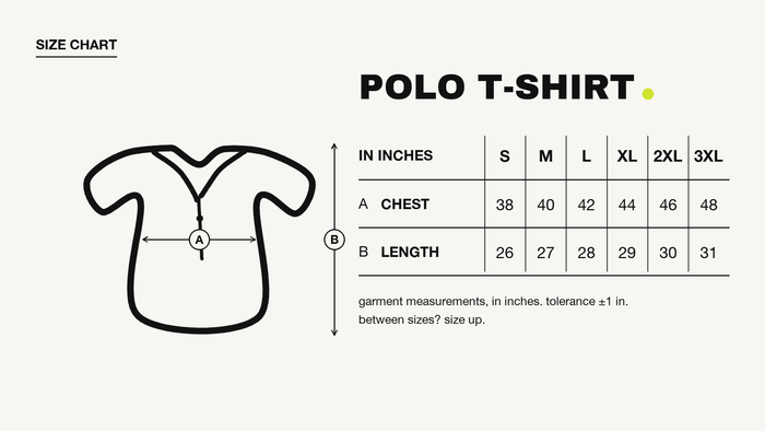 Black Cat Polo size chart, in inches