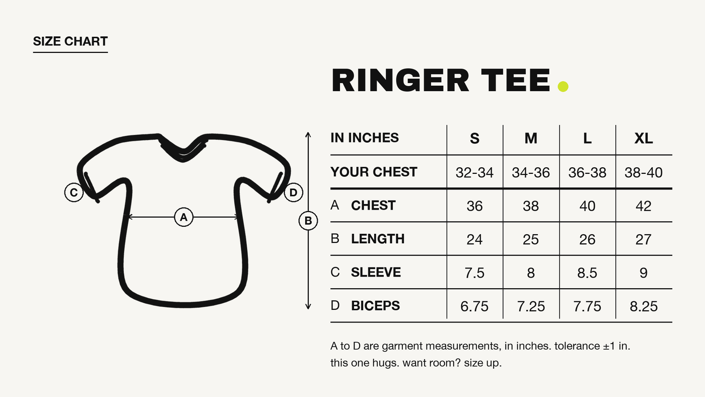 Meet Me At The Dog Park Ringer Tee size chart