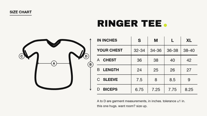 Four Doggos Ringer Tee size chart, in inches