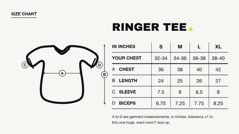 Hoomans ringer tee size chart with chest, length, sleeve and biceps measurements in inches