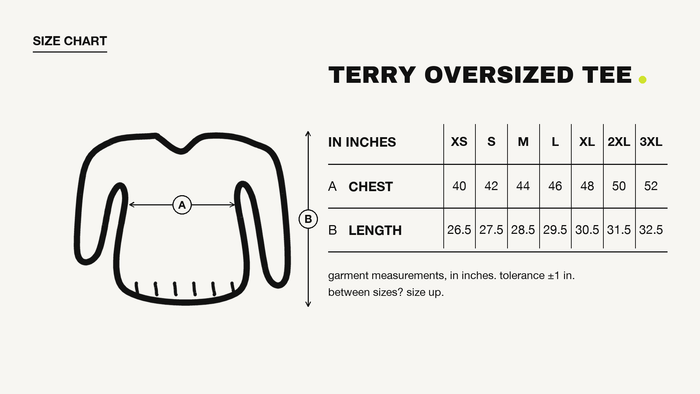 German in the Sun Oversized Tee size chart, in inches