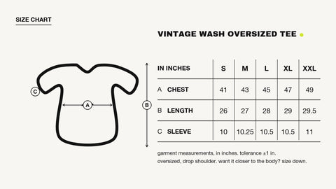 Hoomans vintage wash oversized tee size chart with chest, length and sleeve measurements