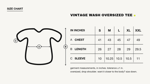 Hoomans vintage wash oversized tee size chart with chest, length and sleeve measurements