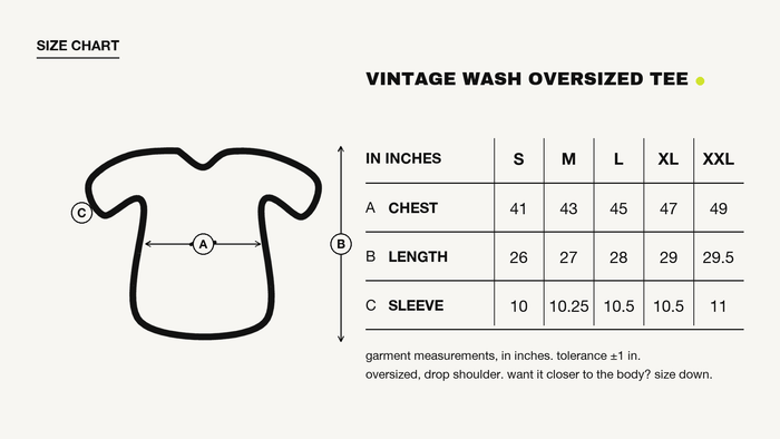 Ride Photo Vintage Wash Tee size chart, in inches