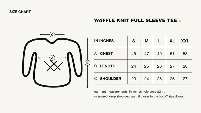 3 Dobers Waffle Knit Full Sleeve Tee size chart, in inches