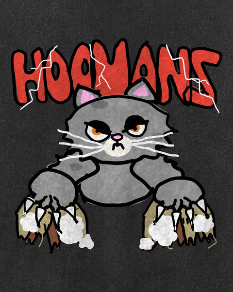 Close-up of the Sofa Slayer print: a grey Persian cat with orange eyes and white whiskers, claws out in torn sofa fabric and white stuffing, red hoomans lettering with white cracks