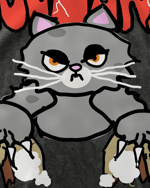 Close-up of the grumpy grey cat clawing the sofa printed on washed black cotton