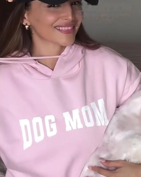 Jinita Sheth in the pink Hoomans Dog Mom hoodie